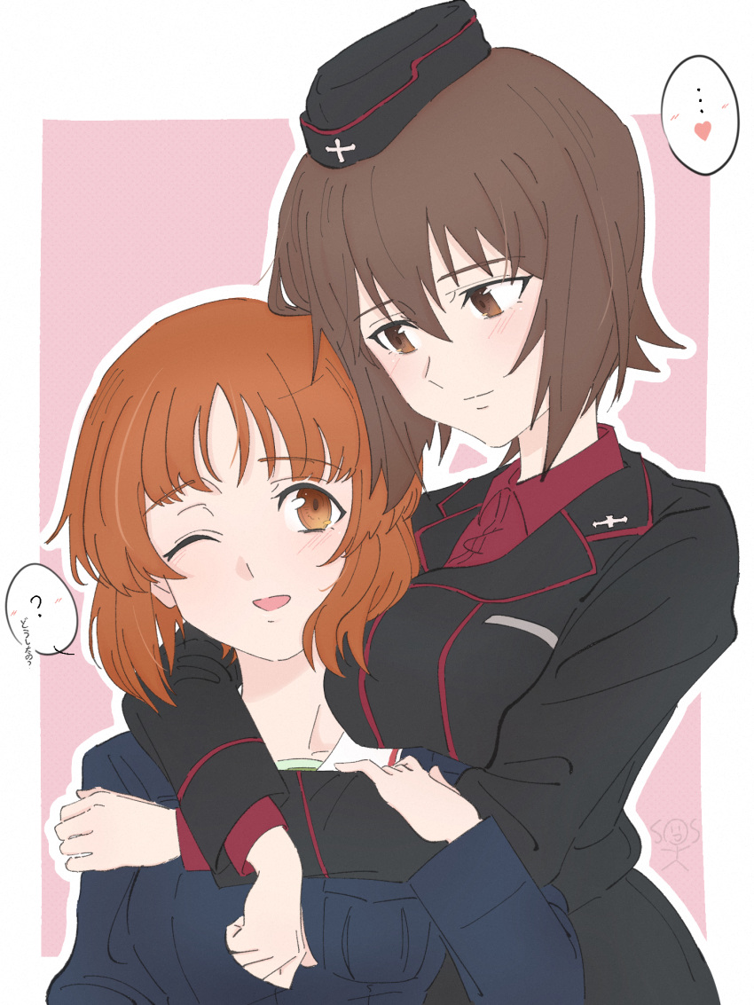 ... 2girls black_hat black_jacket blue_jacket brown_eyes brown_hair commentary dress_shirt garrison_cap girls_und_panzer grimace hat heart highres hug hug_from_behind insignia jacket kuromorimine_military_uniform light_blush long_sleeves looking_at_another military_hat military_uniform multiple_girls nekounko nishizumi_maho nishizumi_miho one_eye_closed ooarai_military_uniform outline pink_background red_shirt shirt short_hair siblings sisters smile spoken_ellipsis spoken_heart symbol-only_commentary translated uniform white_outline wing_collar