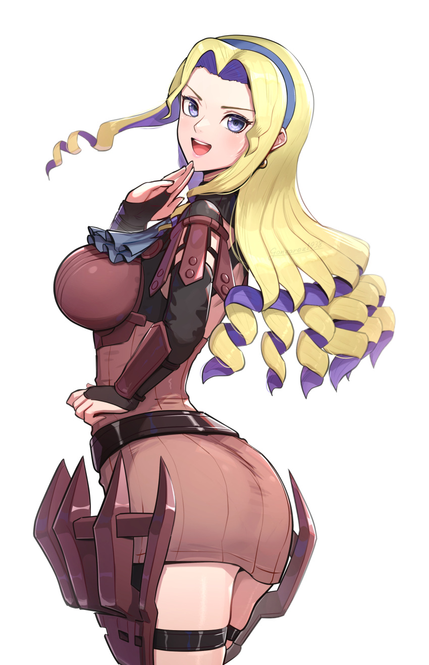 1girl absurdres armor ass belt blonde_hair blue_eyes blue_headband breasts constance_von_nuvelle cowboy_shot curly_hair detached_sleeves dress earrings fire_emblem fire_emblem:_three_houses gonzarez hand_to_own_mouth headband highres jewelry large_breasts long_hair looking_back ojou-sama_pose open_mouth ringlets short_dress solo thigh_strap white_background wide_hips