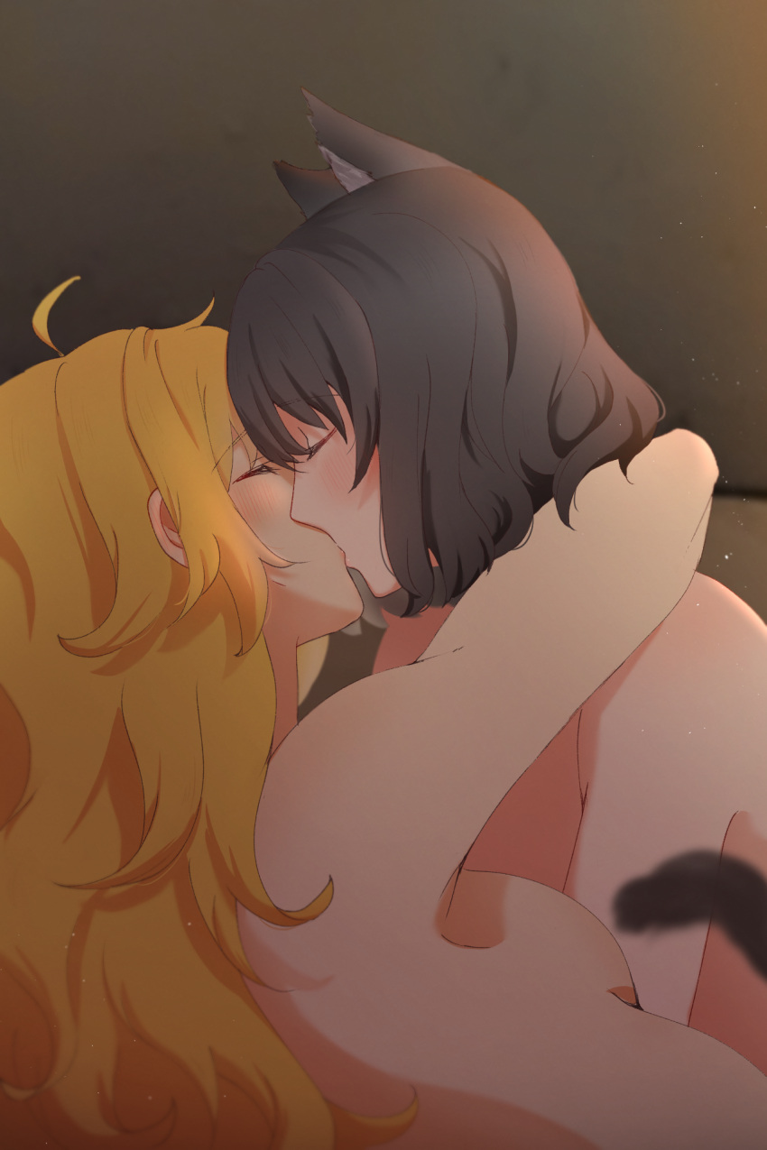 2girls animal_ears arm_around_neck black_hair blake_belladonna blonde_hair blush breasts cat_ears cat_girl cat_tail chinese_commentary closed_eyes commentary_request highres kiss light_particles medium_breasts medium_hair multiple_girls nude risai rwby tail upper_body yang_xiao_long yuri