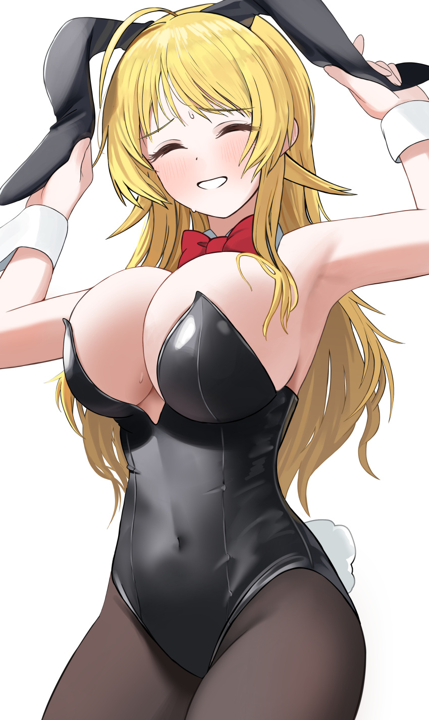 1girl ^_^ absurdres animal_ears armpits arms_up black_leotard blonde_hair blush bow bowtie breasts closed_eyes commentary_request detached_collar fake_animal_ears fake_tail hachimiya_meguru hair_flaps highres holding_ear idolmaster idolmaster_shiny_colors large_breasts leotard long_hair nervous_smile pdal_(pdalhhh) playboy_bunny rabbit_ears rabbit_tail red_bow red_bowtie simple_background smile solo strapless strapless_leotard tail white_background white_wrist_cuffs wrist_cuffs