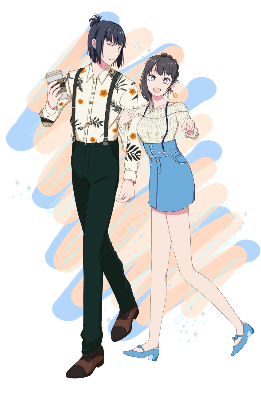 1boy 1girl :d absurdres akane-banashi black_hair black_pants blue_footwear blue_skirt brown_footwear cup disposable_cup floral_print gradient_hair hair_up highres holding holding_cup locked_arms long_legs mario_(mariopurasu) medium_hair multicolored_hair nerimaya_karashi osaki_akane_(akane-banashi) pants pointing purple_eyes ribbed_sweater skirt smile suspenders sweater walking