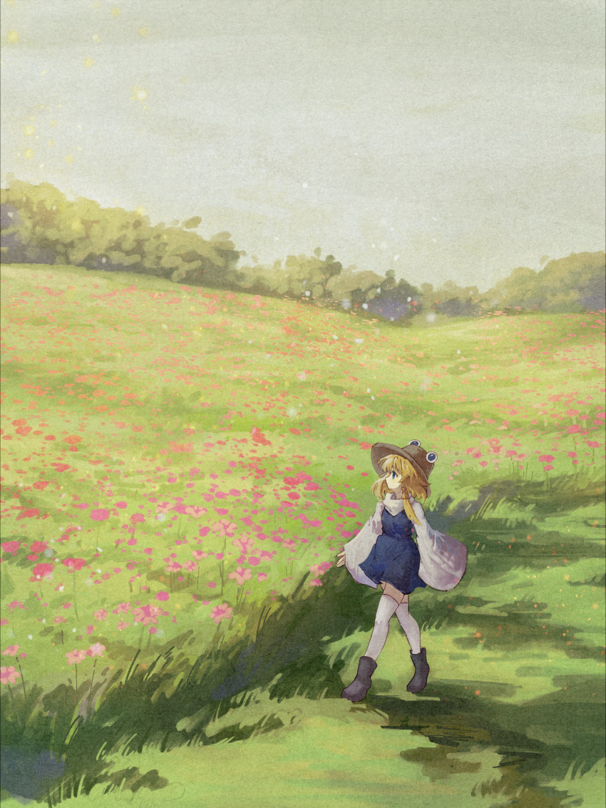 1girl blonde_hair boots brown_hat field flower flower_field ge_dazuo hair_ribbon hat highres long_hair long_sleeves moriya_suwako outdoors pink_flower plant red_ribbon ribbon solo touhou wide_sleeves