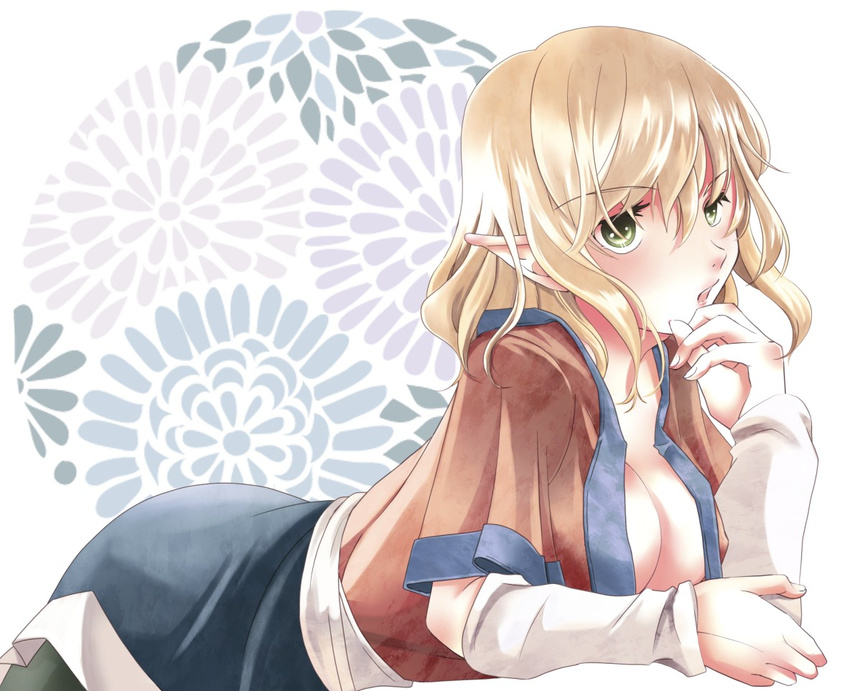 arm_warmers black_legwear blonde_hair breasts cleavage floral_background flower green_eyes hand_on_own_chin holding_arm hypoxis leaning_forward looking_at_viewer medium_breasts mizuhashi_parsee open_clothes open_mouth open_shirt pantyhose pointy_ears sash shirt short_hair short_sleeves skirt solo touhou