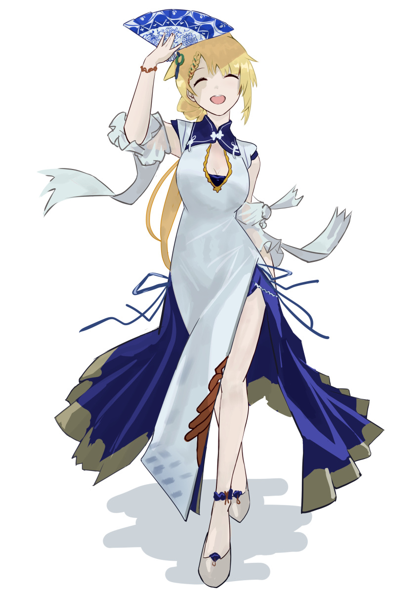 1girl :d ^_^ absurdres arknights arm_up blonde_hair braid breasts china_dress chinese_clothes chinese_commentary cleavage cleavage_cutout closed_eyes clothing_cutout commentary_request detached_sleeves dress facing_viewer full_body grey_dress grey_footwear hand_fan highres holding holding_fan kroos_(arknights) kroos_the_keen_glint_(along_the_corridor)_(arknights) kroos_the_keen_glint_(arknights) long_hair official_alternate_costume open_mouth shoes simple_background sleeveless sleeveless_dress smile solo standing teeth upper_teeth_only white_background xi_zhi_hergoth
