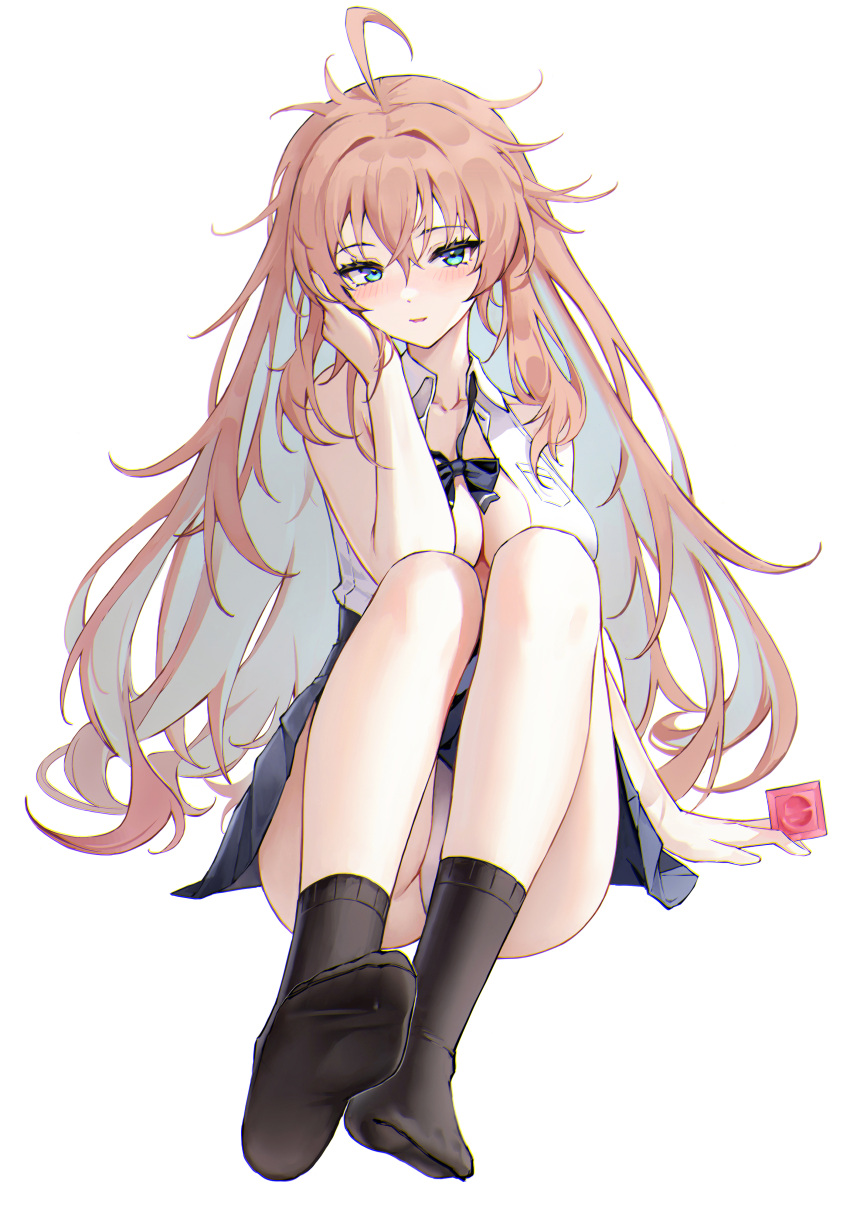 1girl absurdres azur_lane bare_arms bare_shoulders black_bow black_bowtie blue_eyes bow bowtie brown_cardigan brown_hair brown_socks cardigan condom feet highres holding holding_condom hundun_no_bifang impero_(azur_lane) long_hair loose_bowtie no_shoes panties partially_unbuttoned plaid plaid_skirt shirt skirt socks soles underwear white_background white_panties white_shirt