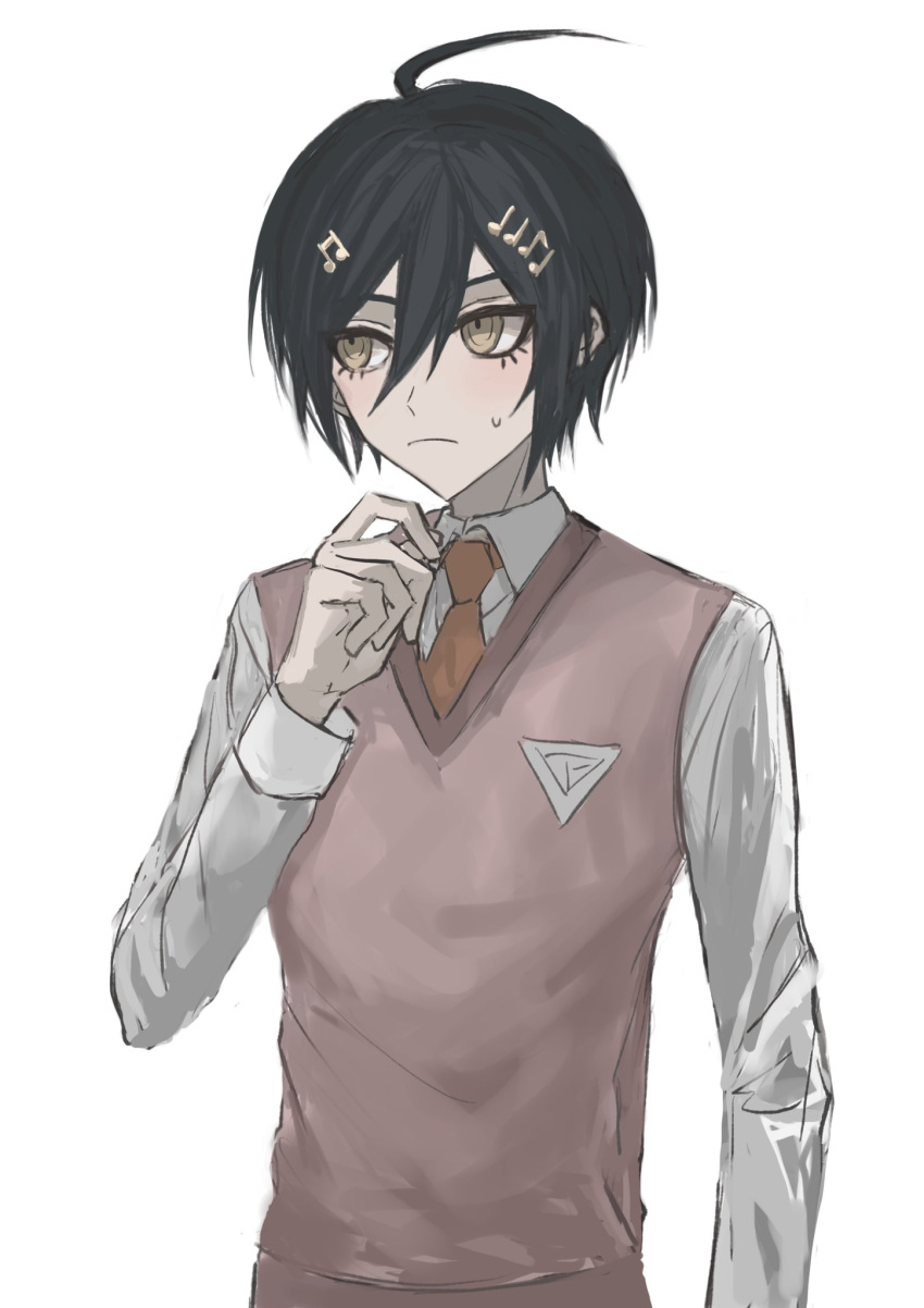 1boy ahoge akamatsu_kaede akamatsu_kaede_(cosplay) black_hair brown_necktie closed_mouth collared_shirt cosplay crossdressing danganronpa_(series) danganronpa_v3:_killing_harmony frown fu_ga_(vivi912912) grey_shirt hair_ornament hand_up highres musical_note musical_note_hair_ornament necktie pink_sweater_vest saihara_shuichi shirt short_hair sideways_glance simple_background sweatdrop sweater_vest white_background