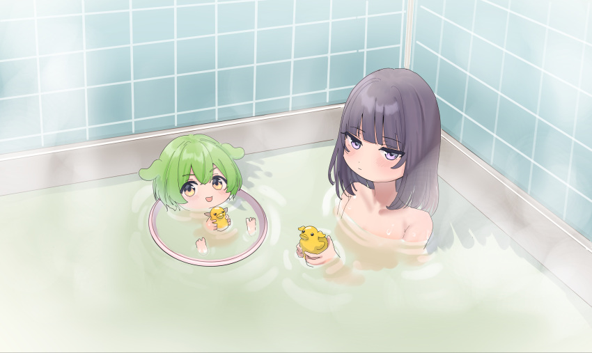 2girls absurdres afloat alternate_eye_color barefoot bathing bathtub black_hair blush closed_mouth commentary completely_nude expressionless feet_up from_above green_hair hair_down half-closed_eyes highres holding holding_toy indoors looking_at_viewer multiple_girls nankawa_rota nude partially_submerged purple_eyes rubber_duck shared_bathing smile steam symbol-only_commentary tile_wall tiles touhoku_kiritan toy voiceroid voicevox washbowl yellow_eyes zundamon