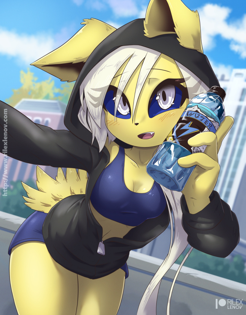 athletic_wear black_clothing black_hoodie black_topwear blue_bottomwear blue_clothing blue_sclera blue_shorts blush bottle bottomwear bra breasts clothing container eeveelution elaine_(rilex_lenov) female fur generation_1_pokemon hair hi_res hoodie humanoid jolteon nintendo open_mouth open_smile outside pokemon pokemon_(species) rilex_lenov shorts small_breasts smile solo sports_bra topwear underwear unzipped_jacket water water_bottle white_eyes white_hair yellow_body yellow_fur zipper zipper_down