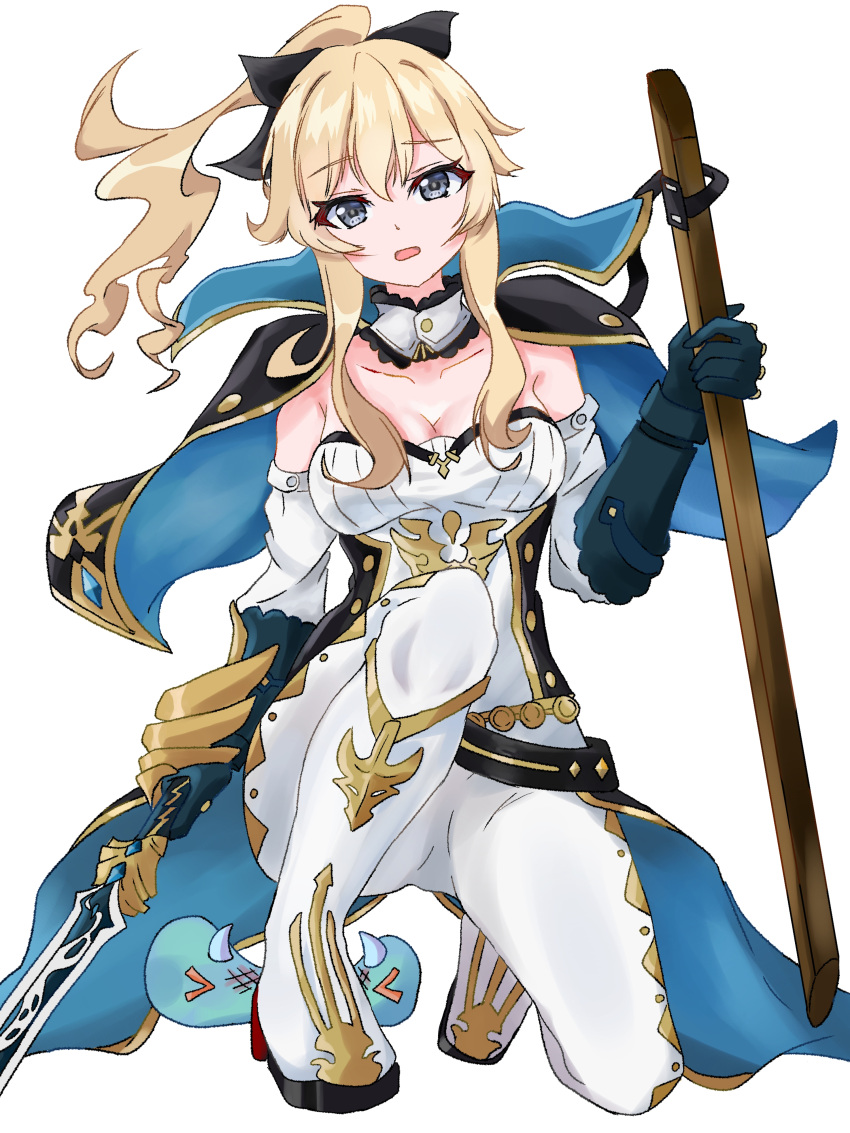 1girl absurdres amanotti_01 blonde_hair blue_capelet blue_eyes boots bow breasts capelet cleavage detached_collar detached_sleeves full_body genshin_impact gloves hair_bow highres holding holding_sword holding_weapon jean_(genshin_impact) long_hair looking_at_viewer medium_breasts on_one_knee open_mouth pants ponytail sidelocks simple_background solo strapless sword tight_clothes tight_pants weapon white_background white_pants
