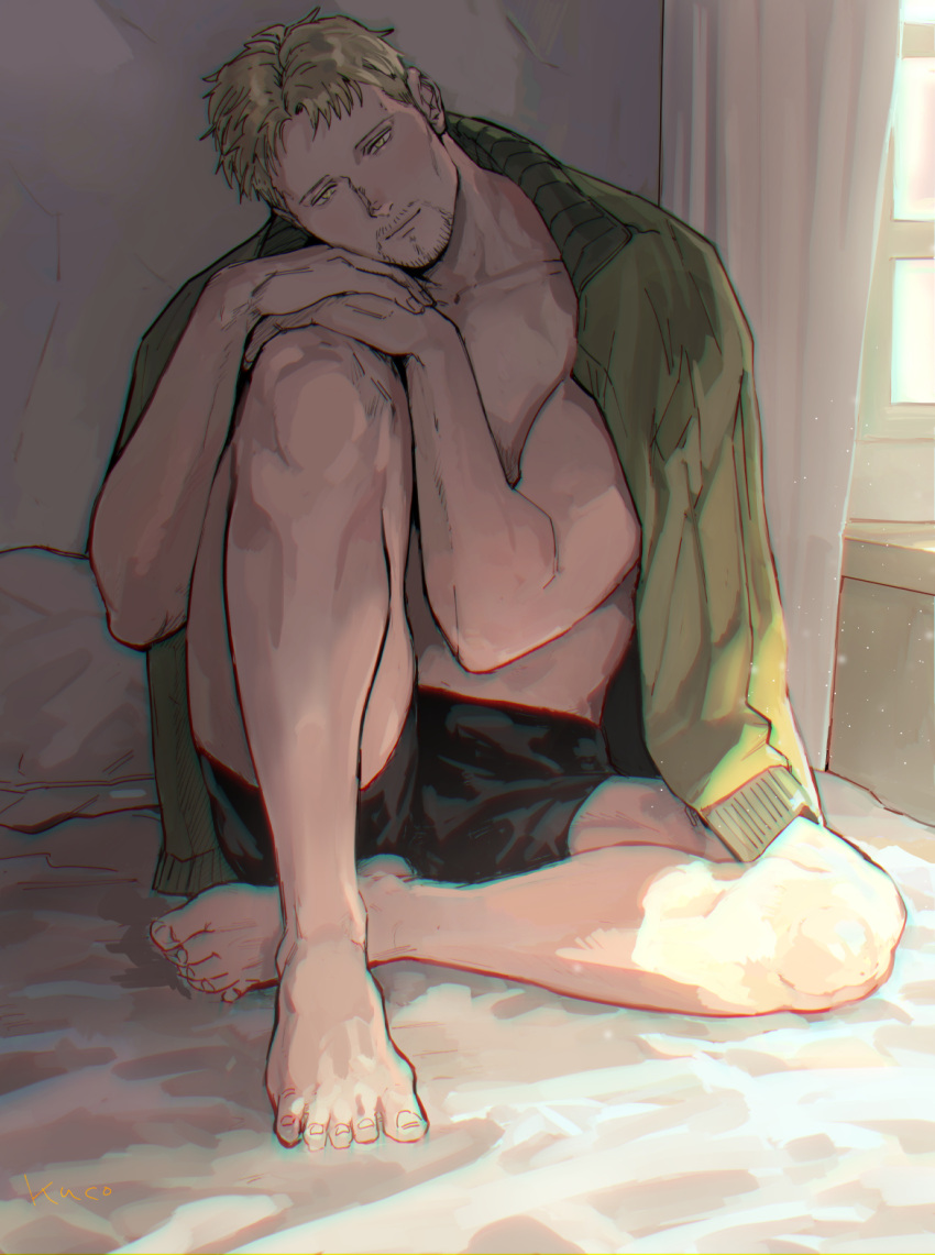 1boy bara black_male_underwear blonde_hair closed_mouth facial_hair green_jacket highres indoors jacket jacket_on_shoulders kuconoms male_focus male_underwear muscular muscular_male reiner_braun shingeki_no_kyojin short_hair sitting solo underwear yellow_eyes