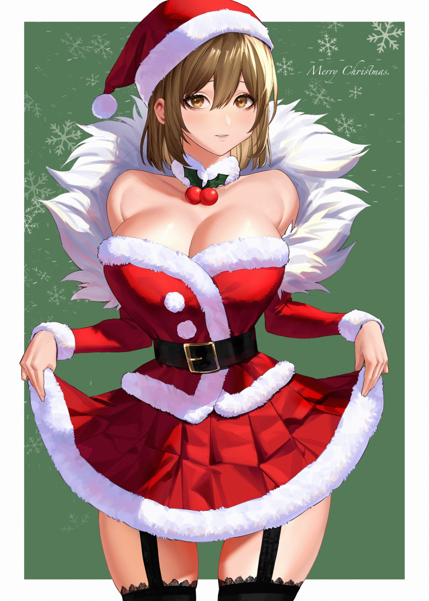 1girl absurdres belt black_thighhighs blush breasts brown_eyes brown_hair capelet christmas clothes_lift curtsey dress emo37337640 english_text fur-trimmed_capelet fur-trimmed_dress fur-trimmed_headwear fur_trim garter_straps hair_between_eyes hat highres large_breasts looking_at_viewer merry_christmas original red_capelet red_hat santa_costume santa_dress santa_hat short_hair smile snowflake_print solo thighhighs