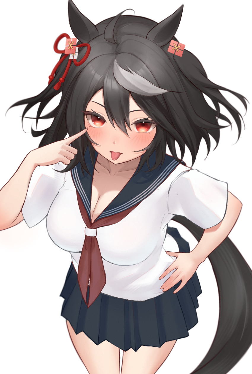 1girl absurdres ahoge alternate_costume animal_ears black_hair black_skirt blush breasts cleavage commentary_request cowboy_shot hair_between_eyes hand_on_own_hip highres horse_ears horse_girl horse_tail irasutodog kitasan_black_(umamusume) large_breasts looking_at_viewer multicolored_hair neckerchief red_neckerchief sailor_collar shirt short_hair short_sleeves simple_background skirt solo streaked_hair tail tongue tongue_out umamusume white_background white_hair white_shirt
