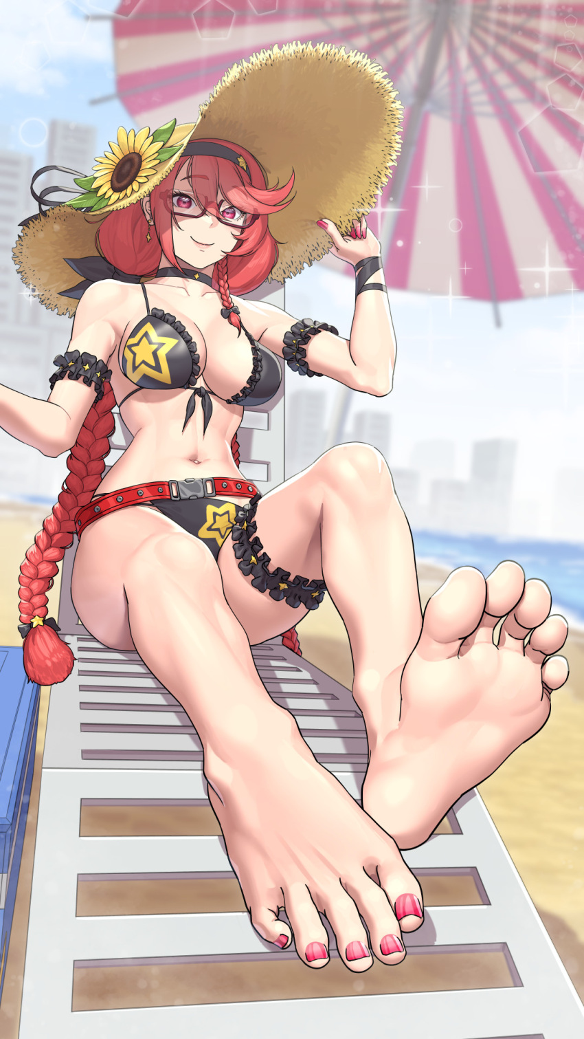 1girl arm_scrunchie barefoot beach beach_chair beach_umbrella belt bikini black_bikini black_choker black_hairband blue_sky braid breasts building choker cleavage cloud cloudy_sky commission evo_3_(apricot_summer)_(girls'_frontline) evo_3_(girls'_frontline) eyebrows_hidden_by_hair feet flower foot_focus full_body girls'_frontline glasses hairband hand_out_of_frame hat hat_flower highres holding holding_clothes holding_hat leg_scrunchie long_braid long_hair looking_at_viewer lyoung0j navel official_alternate_costume outdoors pink_nails pixiv_commission red_belt red_hair scrunchie sitting sky smile solo straw_hat sun_hat sunflower swimsuit umbrella water