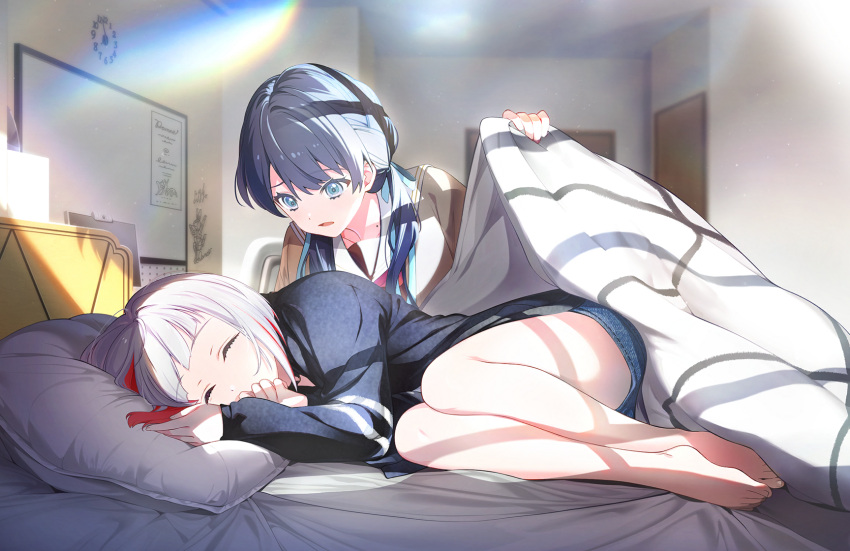 ^_^ analog_clock barefoot bedroom black_choker black_jacket blanket blue_eyes blue_hair blue_ribbon blue_shorts bob_cut brown_cardigan cardigan choker clock closed_eyes colored_inner_hair covered_mouth dark_blue_hair denim denim_shorts diagonal_bangs game_cg grey_hair hair_ribbon hand_on_own_face hasu_no_sora_school_uniform head_on_pillow highres holding holding_blanket inverted_bob jacket knees_up lens_flare light_particles link!_like!_love_live! long_hair long_sleeves love_live! low_twintails lying mole mole_on_neck monitor multicolored_hair murano_sayaka neckerchief o-ring o-ring_choker official_art on_bed on_side open_cardigan open_clothes raised_eyebrow red_hair red_neckerchief ribbon sailor_collar school_uniform short_hair short_shorts shorts sleeping streaked_hair swivel_chair third-party_source twintails virtual_youtuber waking_another white_sailor_collar whiteboard winter_uniform worried yugiri_tsuzuri
