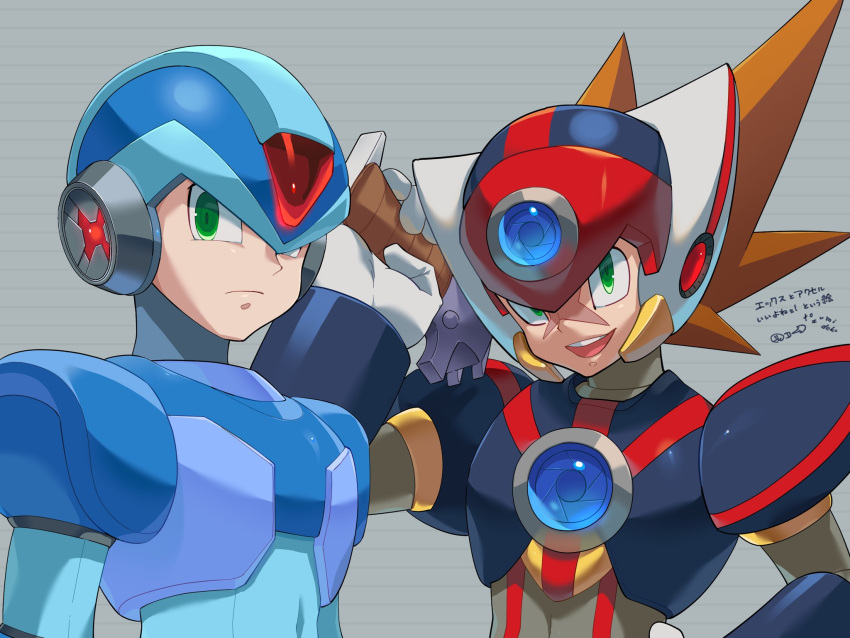 2boys android armor axl_(mega_man) black_armor blue_armor blue_helmet brown_hair chest_jewel commentary_request cross_scar forehead_jewel green_eyes grey_background gun helmet highres holding holding_gun holding_weapon looking_at_viewer male_focus medium_hair mega_man_(series) mega_man_x_(series) multiple_boys o_deko open_mouth over_shoulder red_helmet scar scar_on_face shoulder_armor spiked_hair translation_request upper_body weapon weapon_over_shoulder