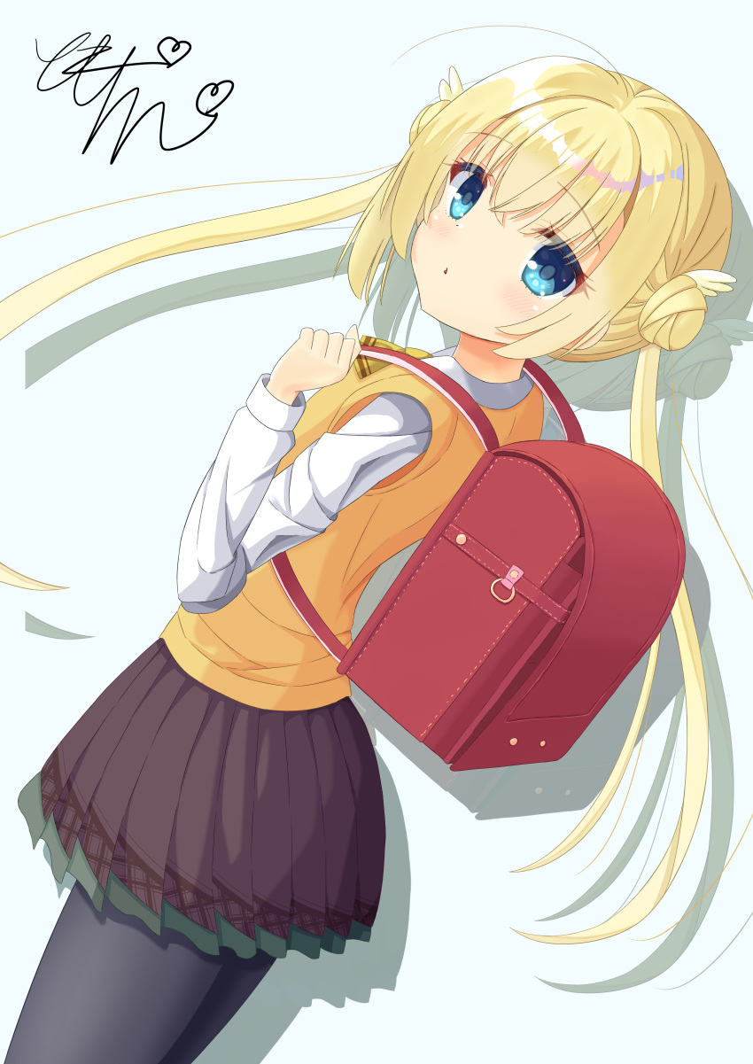 1girl absurdres ahoge backpack bag black_pantyhose blonde_hair blue_eyes blush bow brown_skirt commentary cowboy_shot crossed_bangs double_bun drop_shadow dutch_angle eyelashes eyes_visible_through_hair floating_hair from_side hair_between_eyes hair_bun hand_up heart highres long_hair long_sleeves looking_at_viewer miniskirt pantyhose pleated_skirt randoseru school_uniform shirayuki_noa shirt signature simple_background skirt solo straight_hair sweater_vest tenshi_souzou_re-boot! tomochin_illust twintails very_long_hair white_background white_shirt wing_hair_ornament yellow_bow yellow_sweater_vest