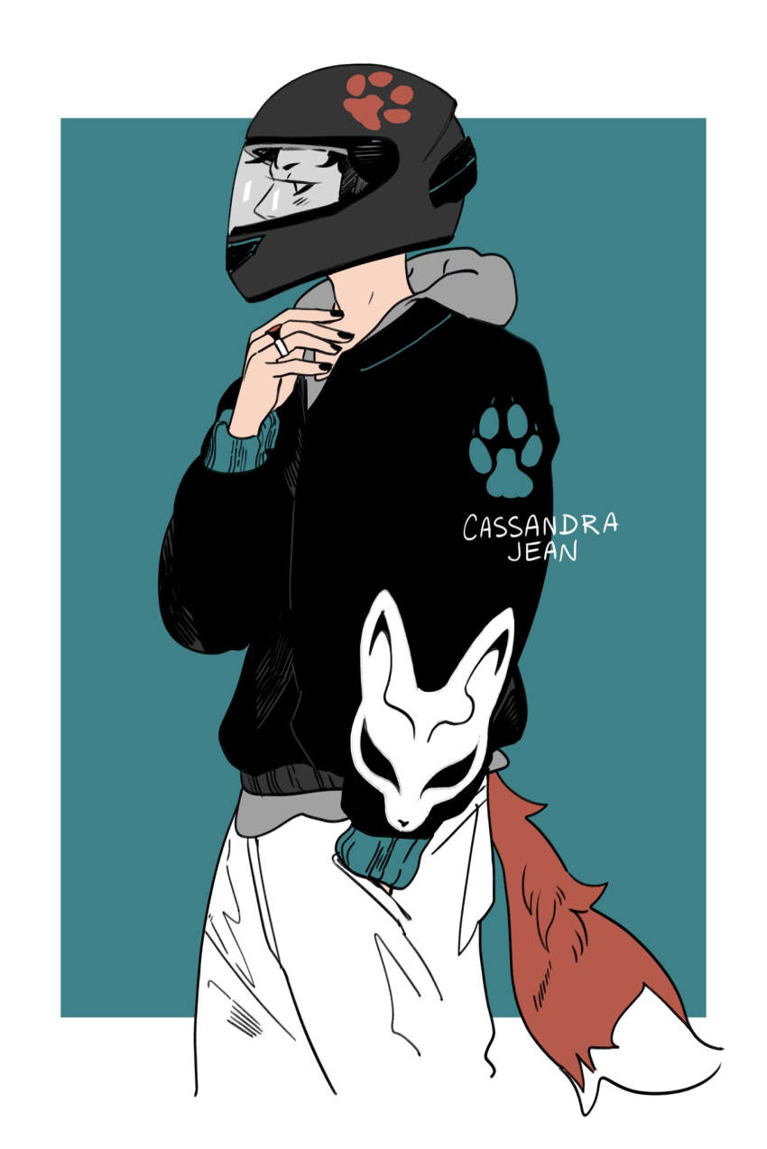 1boy artist_name black_jacket border cassandra_jean cowboy_shot fox_print fox_tail green_background hand_on_own_neck helmet highres hood hoodie jacket jewelry looking_to_the_side male_focus motorcycle_helmet original outside_border pants paw_print profile ring solo tail white_border white_pants