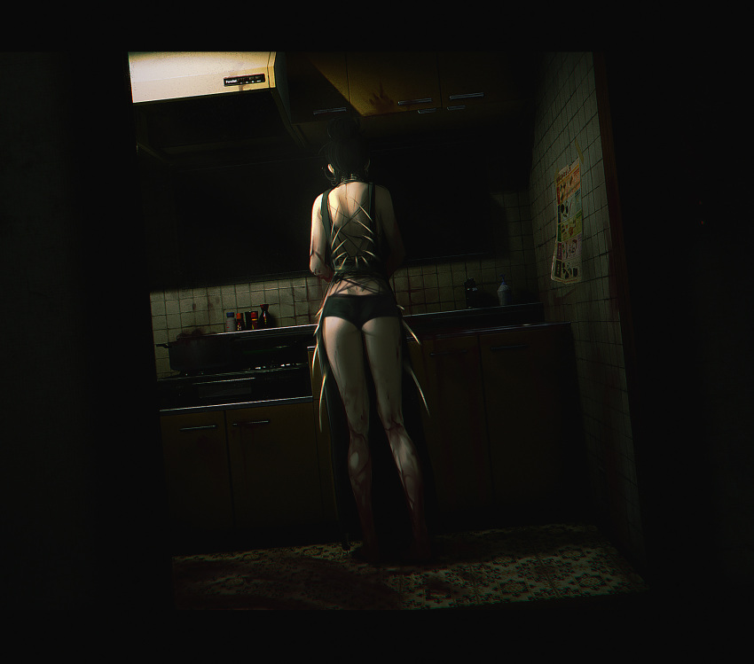 1girl apron ass black_hair black_panties blood blood_on_feet blood_on_ground blood_on_leg blood_on_wall blood_stain from_behind full_body hair_bun highres horror_(theme) host_(obj_shep) indoors kitchen kitchen_hood long_hair multiple_scars non-web_source obj_shep original panties scar scar_on_back single_hair_bun solo standing stove tile_floor tiles underwear