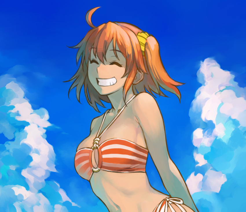 1girl ^_^ ahoge arms_behind_back b_suke bikini breasts closed_eyes cloud facing_viewer fate/grand_order fate_(series) fujimaru_ritsuka_(female) fujimaru_ritsuka_(female)_(brilliant_summer) grin looking_at_viewer one_side_up orange_bikini orange_hair outdoors scrunchie side-tie_bikini_bottom sky small_breasts smile solo striped_bikini striped_clothes swimsuit two-tone_bikini upper_body white_bikini yellow_scrunchie