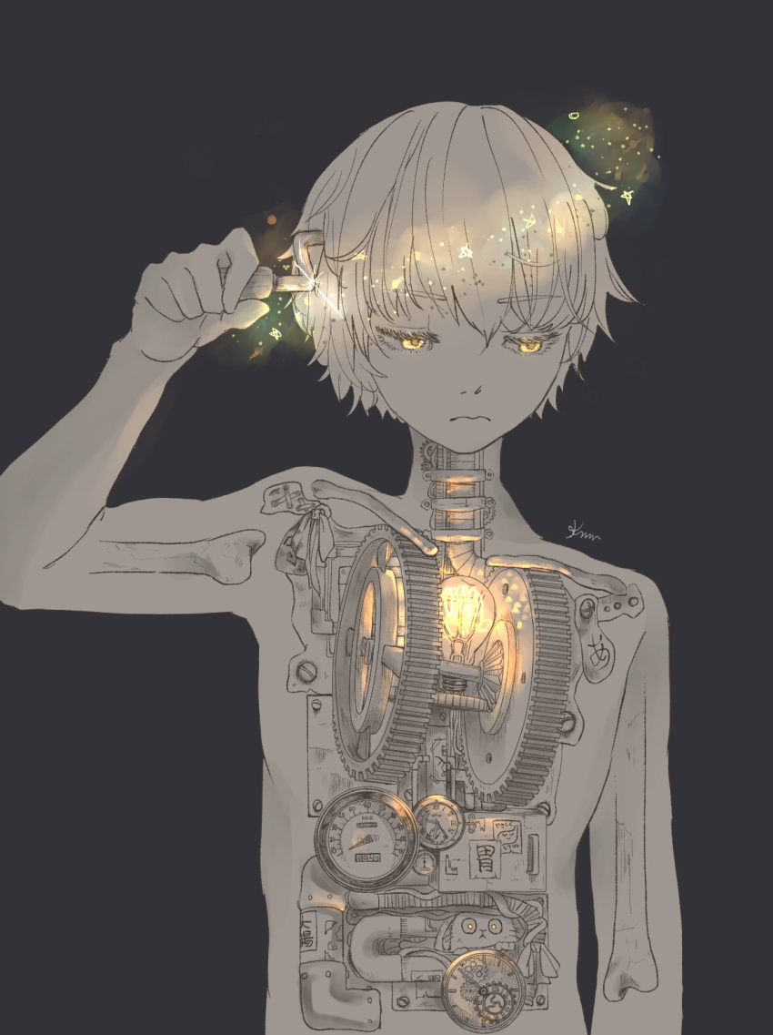 1boy android arm_up cat crank eveyeil eyelashes frown gauge gears glowing grey_background highres light_bulb limited_palette looking_down male_focus mechanical_parts original short_hair skeleton sparkle star_(sky) x-ray yellow_eyes