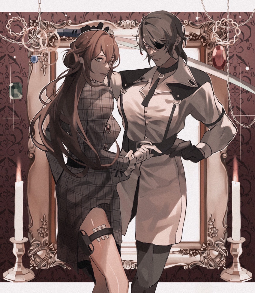 2girls border breasts brown_dress brown_hair candlestand dress eyepatch gem green_gemstone grey_eyes highres jewelry light_smile long_hair looking_at_viewer multiple_girls original red_gemstone reo_(mmocc123) short_hair white_border white_dress