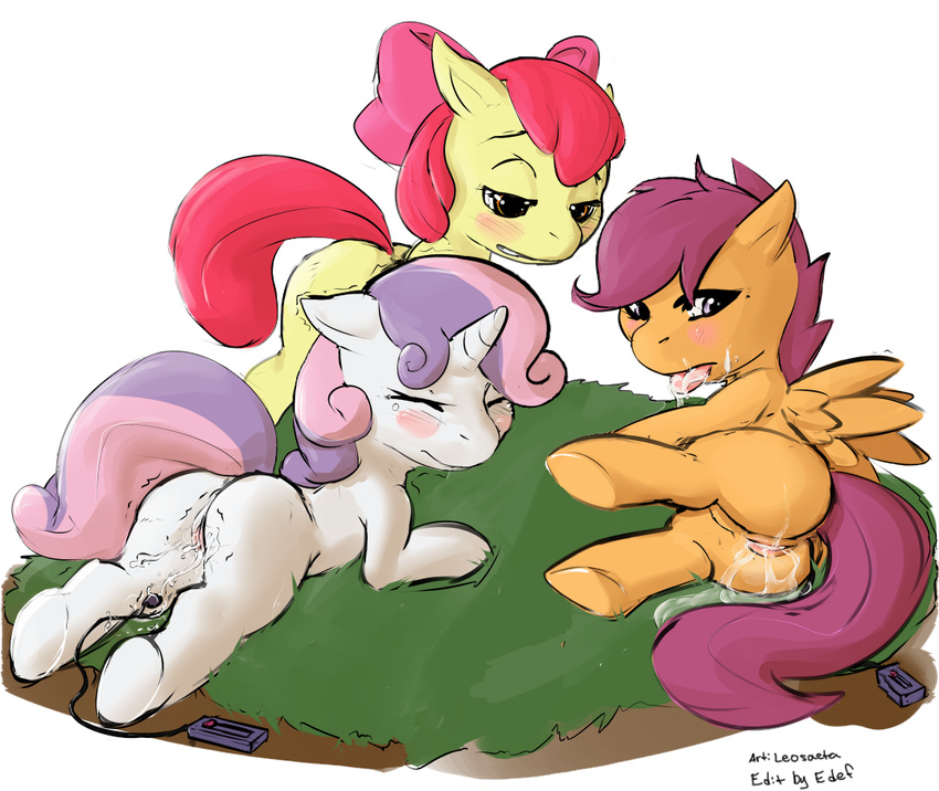 anus apple_bloom apple_bloom_(mlp) blush butt cub cum cutie_mark_crusaders cutie_mark_crusaders_(mlp) edit equine eyes_closed female feral friendship_is_magic group horn horse leosaeta lesbian looking_back mammal my_little_pony pegasus pony pussy pussy_juice scootaloo scootaloo_(mlp) seth-iova sex sex_toy sweetie_belle sweetie_belle_(mlp) tears tongue tongue_out unicorn vibrator wing_boner wings young