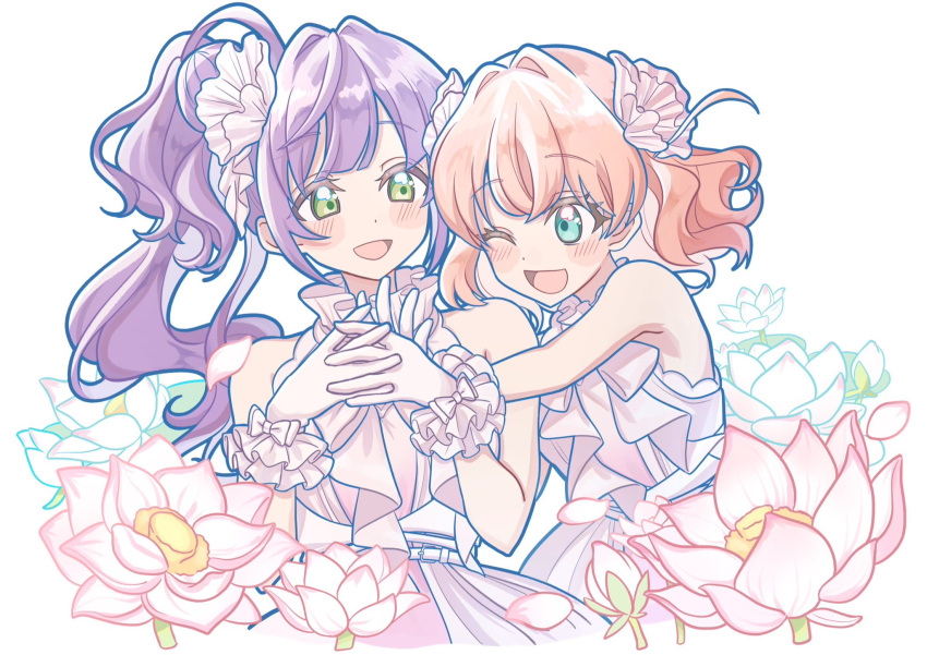 2girls :d ;d aqua_eyes belt blush bow cerise_bouquet commentary_request crossed_bangs dress eye_contact falling_petals flower frilled_dress frilled_gloves frills glove_bow gloves gradient_dress green_eyes hair_bun hair_ornament highres hinoshita_kaho idol idol_clothes layered_dress link!_like!_love_live! long_hair looking_at_another lotus love_live! medium_hair multiple_girls one_eye_closed open_mouth orange_hair otomune_kozue petals pink_dress purple_hair side_ponytail sidelocks single_side_bun sleeveless sleeveless_dress smile techimi two_side_up virtual_youtuber white_belt white_bow white_dress white_gloves