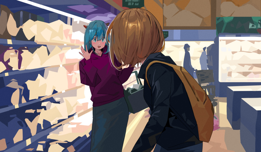 2girls aqua_hair bag black_jacket black_skirt blonde_hair green_eyes groceries highres hood hoodie horns jacket long_hair medium_hair multiple_girls nahia_(some1else45) original purple_hoodie sekoshi_(some1else45) shopping_basket shopping_cart shoulder_bag sidelocks skirt some1else45 supermarket waving