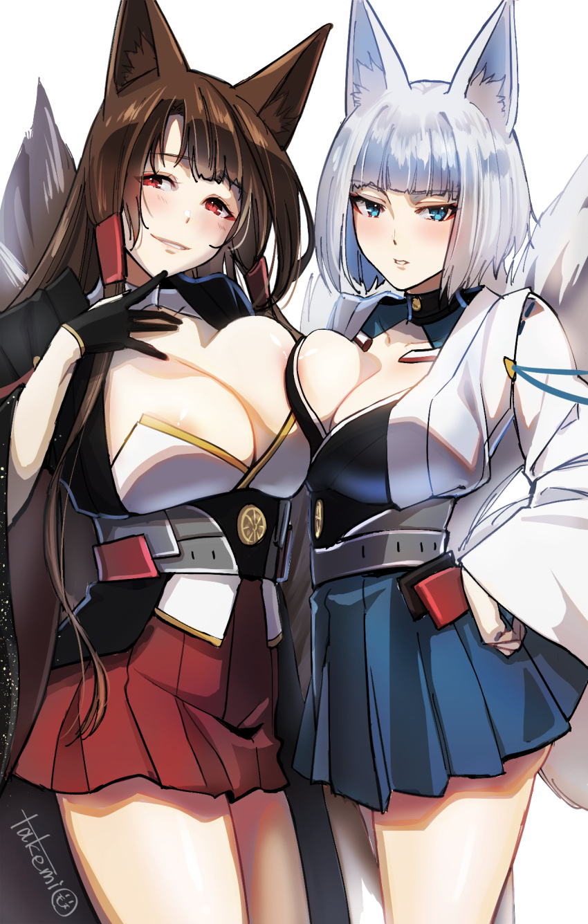 2girls akagi_(azur_lane) animal_ear_fluff animal_ears annoyed areola_slip asymmetrical_docking azur_lane black_gloves blue_eyes blush breast_press breasts brown_hair cleavage cleavage_cutout clothing_cutout eyeshadow finger_to_mouth fox_ears fox_tail gloves highres japanese_clothes kaga_(azur_lane) large_breasts long_hair looking_at_viewer makeup medium_hair miniskirt multiple_girls multiple_tails pleated_skirt red_eyes red_eyeshadow siblings sisters skirt smile smug tail takemi_mochi very_long_hair white_background white_hair