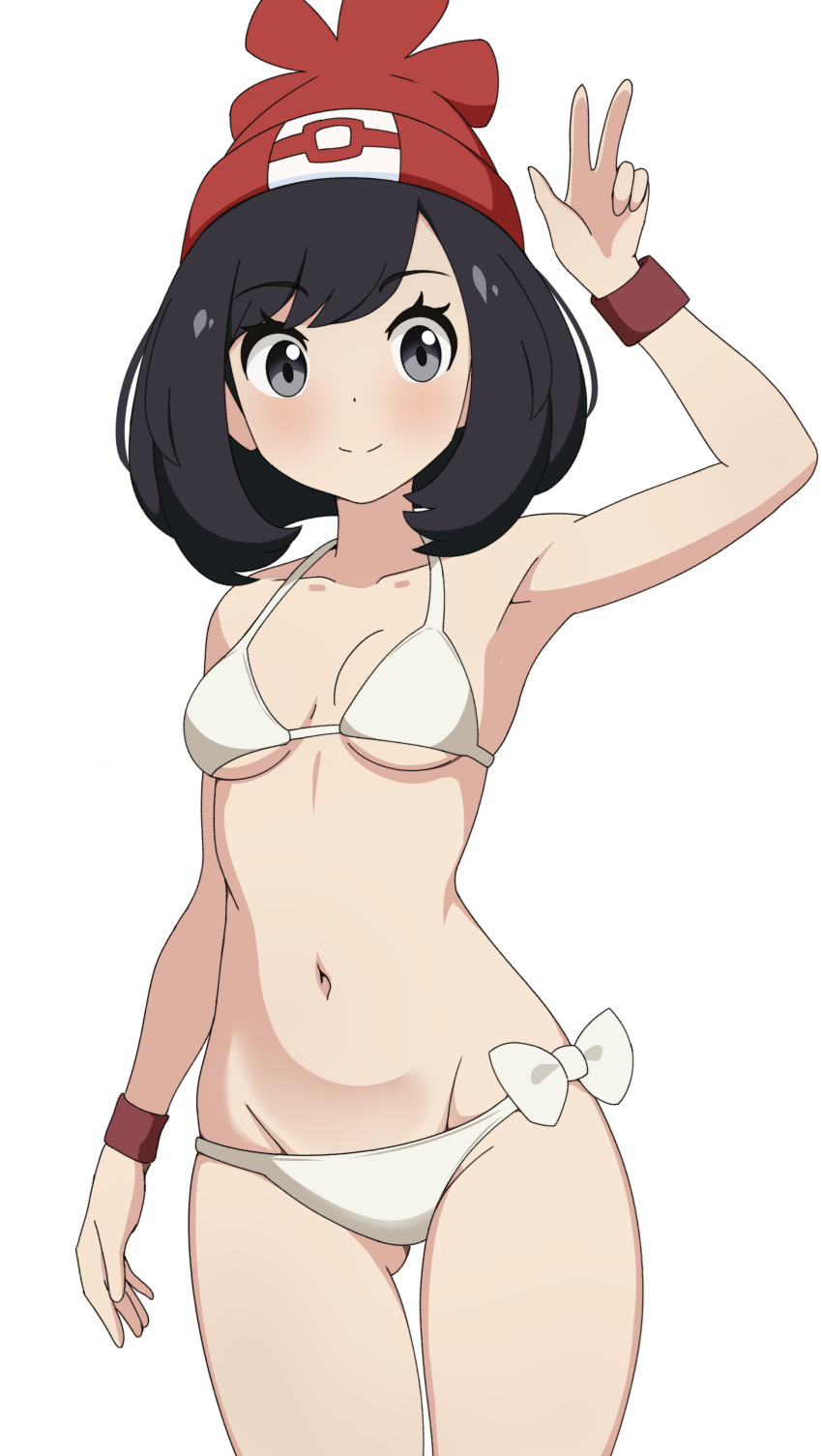 1girl absurdres beanie bikini black_hair breasts brown_wristband cowboy_shot grey_eyes groin hat highres looking_at_viewer mnkr98 navel pokemon pokemon_sm selene_(pokemon) short_hair small_breasts solo swimsuit v white_bikini