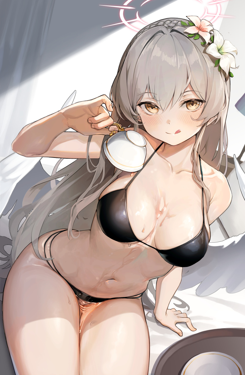 1girl :q absurdres bikini black_bikini blue_archive blush braid breasts brown_eyes closed_mouth crown_braid cup dampi flower grey_hair hair_between_eyes hair_flower hair_ornament halo highres holding holding_cup large_breasts long_hair nagisa_(blue_archive) navel pouring pouring_onto_self saucer sitting solo string_bikini swimsuit teacup tongue tongue_out very_long_hair wakamezake white_flower