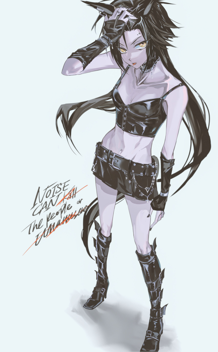 1girl absurdres air_shakur_(umamusume) alternate_costume animal_ears bare_shoulders belt black_belt black_footwear black_hair black_nails black_skirt boots breasts collarbone commentary_request crop_top ear_ornament ear_piercing full_body hair_between_eyes highres horse_ears horse_girl horse_tail jewelry knee_boots long_hair looking_at_viewer miniskirt piercing ring simple_background skirt small_breasts solo tail umamusume v-shaped_eyebrows very_long_hair white_background y_(coe239) yellow_eyes