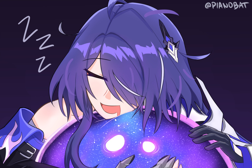 1girl :d acheron_(honkai:_star_rail) black_background black_gloves closed_eyes commentary gloves hair_ornament highres honkai:_star_rail honkai_(series) ix_(honkai:_star_rail) open_mouth pianobat purple_hair short_hair single_bare_shoulder smile zzz