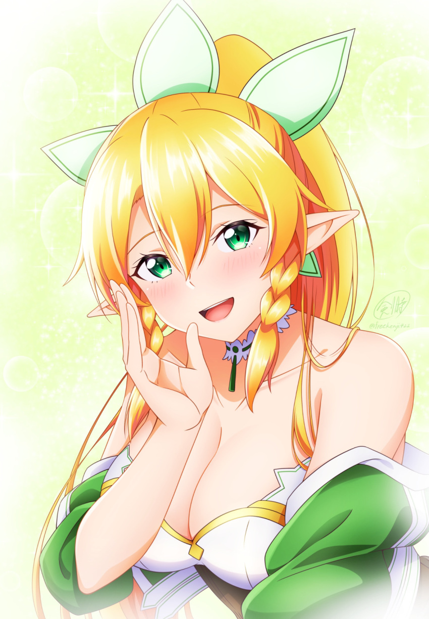 1girl blonde_hair blush braid breasts check_commentary cleavage collarbone commentary_request elf fairy_(sao) green_eyes hair_between_eyes hair_ornament highres ken-ji large_breasts leafa long_hair looking_at_viewer off_shoulder open_mouth pointy_ears ponytail smile solo sword_art_online teeth twin_braids upper_teeth_only whispering