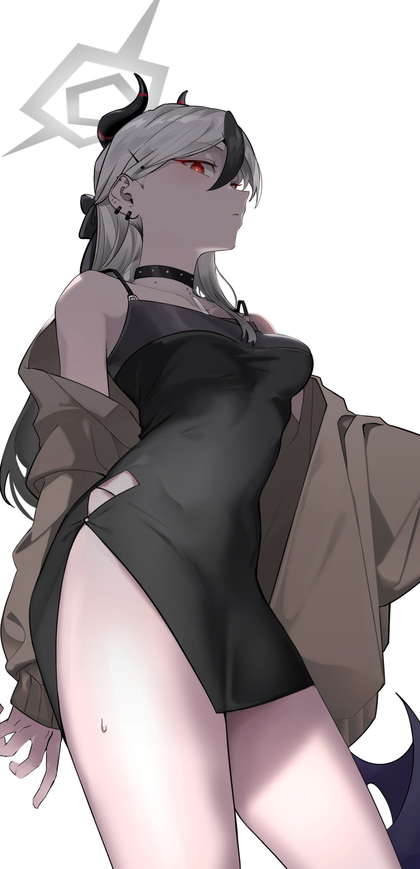 1girl absurdres bare_shoulders black_choker black_dress black_hair black_horns blue_archive breasts brown_jacket choker cizzi commentary_request dress ear_piercing from_below grey_halo hair_between_eyes halo highres horns jacket kayoko_(blue_archive) kayoko_(dress)_(blue_archive) korean_commentary long_hair long_sleeves medium_breasts multicolored_hair piercing red_eyes simple_background single_wing sleeveless sleeveless_dress solo two-tone_hair white_background white_hair wings