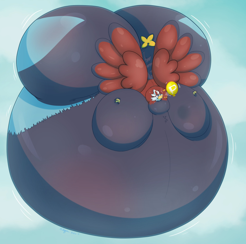 avian beak belly big_belly big_butt bird black_body black_fur blowing blue_body blush body_blush braviary brown_eyes butt butt_blush claws_out dated felid fur generation_4_pokemon generation_5_pokemon heart_symbol hi_res huge_belly huge_butt hybrid hybrid_pokemon hyper hyper_belly hyper_butt hyper_inflation lion luxray mammal mario_bros motion_lines necrofeline nintendo onomatopoeia pantherine pokemon pokemon_(species) power_balloon red_body signature sky sound_effects text yellow_text