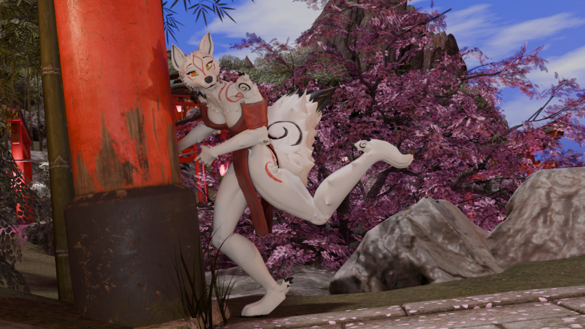 3d_(artwork) amaterasu_(okami) anthro bamboo blender_(software) canid canine canis capcom cherry_blossom clothing digital_media_(artwork) dress female hi_res mammal okami_(capcom) outside plant raised_leg red_clothing red_dress rock shrine_gate solo wolf zero3delta