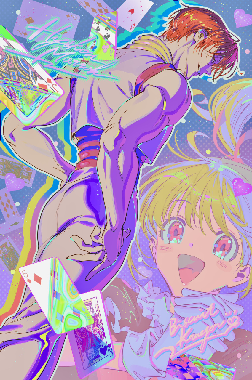 1boy 1girl absurdres bare_shoulders bikkusama biscuit_krueger blonde_hair blush colorful commentary commentary_request from_behind from_below hair_floating_upwards hand_on_own_hip heart_pin highres hisoka_morow hunter_x_hunter looking_at_viewer multicolored_background open_mouth own_hands_together pants parted_lips poker red_eyes red_hair shirt smile smirk teeth toned toned_male tongue white_pants white_shirt