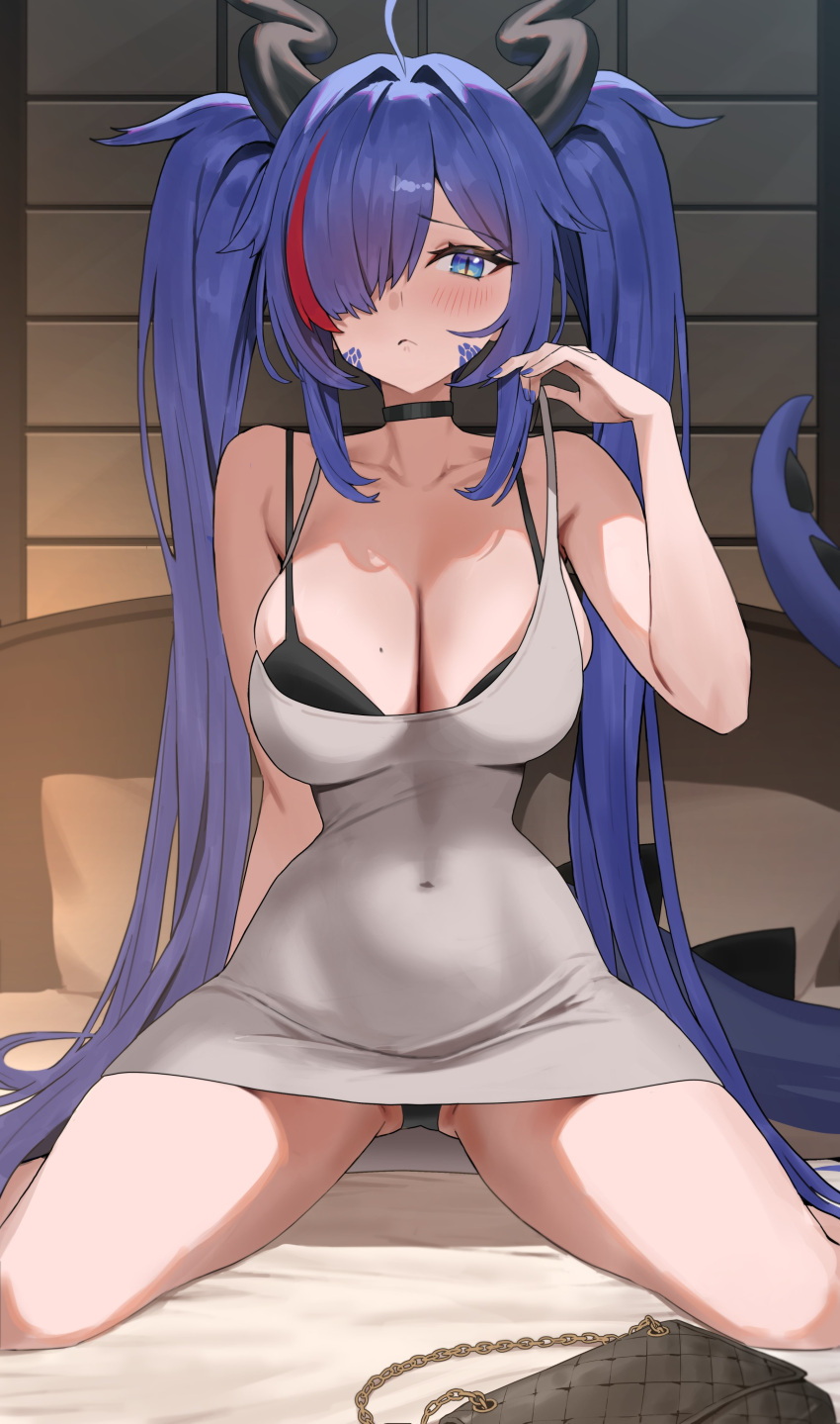 1girl absurdly_long_hair absurdres ahoge bag bare_shoulders bby bed black_bra black_choker black_panties blue_eyes blue_hair blue_nails blue_tail blush borrowed_character bra breasts choker commission covered_navel dongtan_dress dragon_girl dragon_horns dragon_tail dress grey_dress hair_over_one_eye handbag highres horns indoors large_breasts long_hair looking_at_viewer meme_attire multicolored_hair on_bed original panties pencil_dress red_hair scales short_dress sitting slit_pupils solo spiked_tail spread_legs strap_lift streaked_hair tail taut_clothes taut_dress thighs twintails underwear very_long_hair wariza