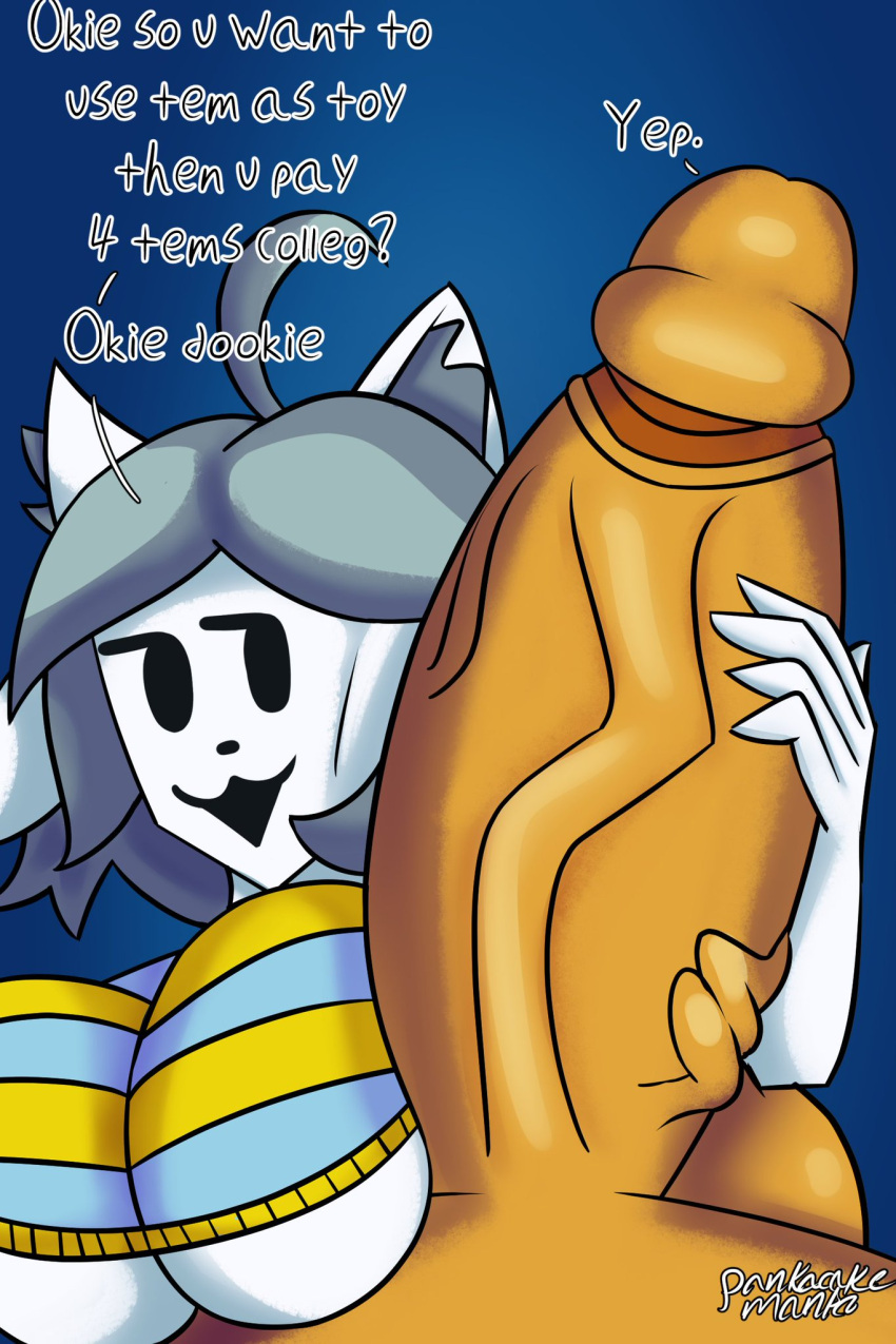 ambiguous_gender anthro big_breasts breasts breasts_bigger_than_head dialogue duo felid feline female genitals handjob hi_res human light-skinned_male mammal pankacake penile penis sex stroking_penis temmie_(undertale) under_boob undertale undertale_(series) vein veiny_penis