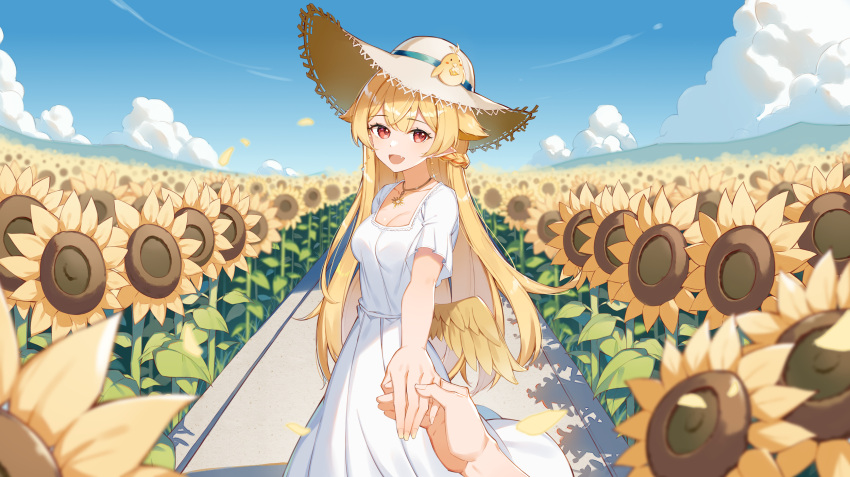 1boy 1girl :d blonde_hair blue_sky braid breasts brown_hat cleavage cloud day dress feathered_wings field flower flower_field hair_between_eyes hair_flaps hat hibiki_(vtuber) highres holding_hands long_hair low_wings meridian_project mini_wings outdoors petals red_eyes rikoma short_sleeves sky small_breasts smile solo_focus straw_hat sunflower very_long_hair virtual_youtuber white_dress wings yellow_flower yellow_wings