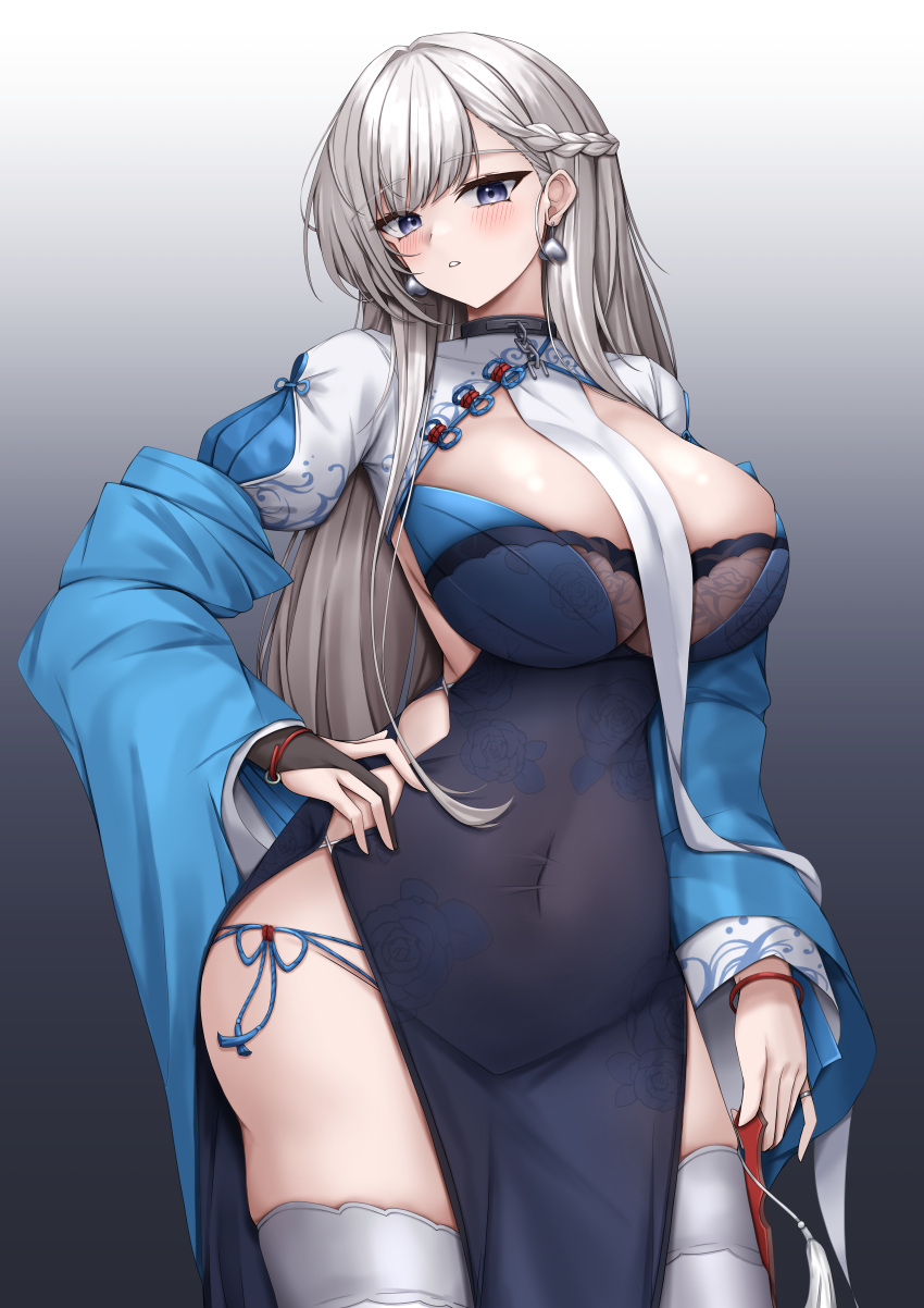 1girl absurdres azur_lane belfast_(azur_lane) belfast_(iridescent_rosa)_(azur_lane) blue_eyes blush braid breasts china_dress chinese_clothes covered_navel dress earrings floral_print gradient_background hand_on_own_hip highres jewelry large_breasts long_hair long_sleeves looking_at_viewer official_alternate_costume parted_lips pelvic_curtain simple_background solo thighhighs ueyama_0clock white_hair white_thighhighs