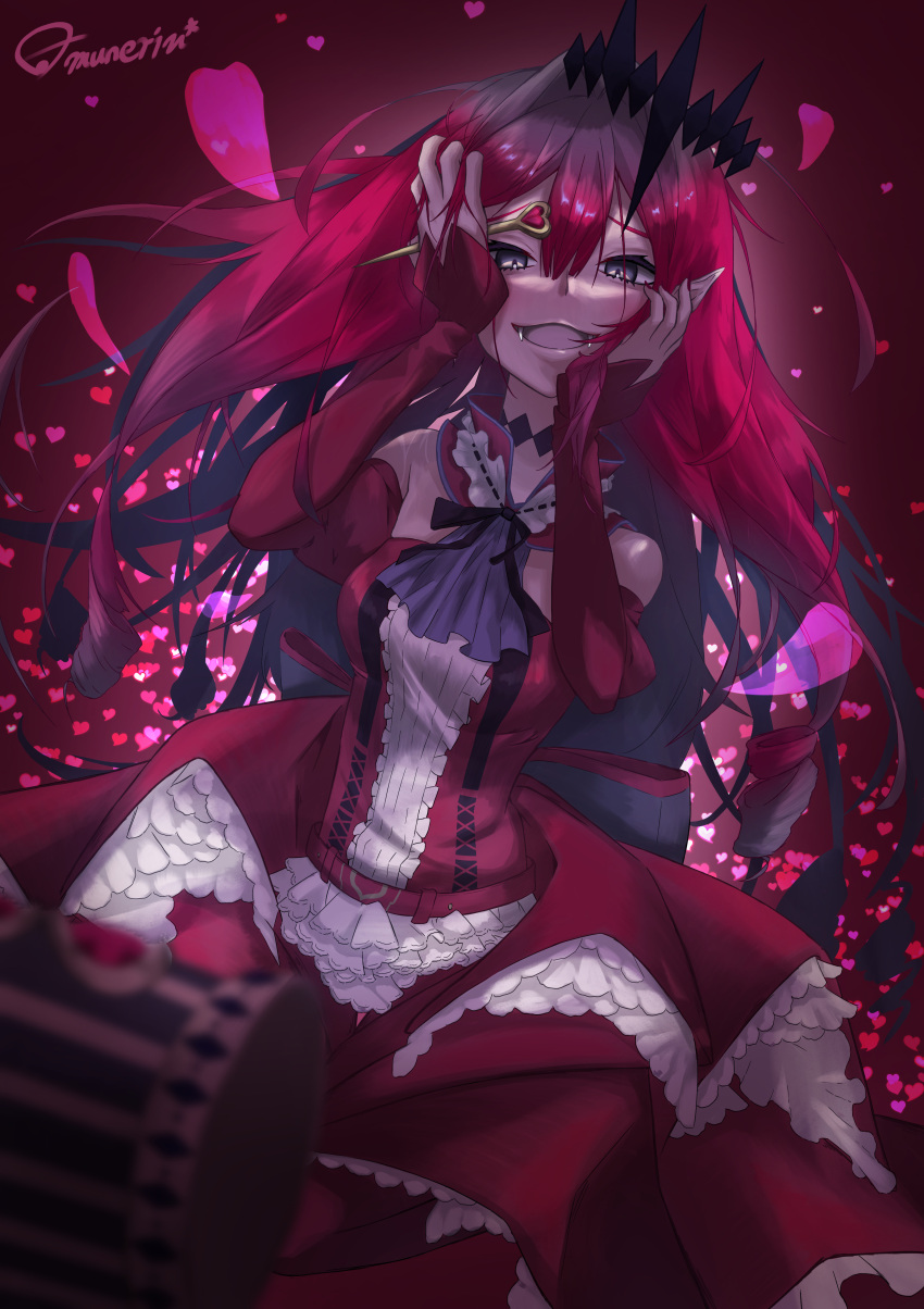 1girl absurdres artist_name baobhan_sith_(fate) baobhan_sith_(first_ascension)_(fate) bare_shoulders blush breasts detached_sleeves dress falling_petals fangs fate/grand_order fate_(series) frilled_dress frills gradient_background grey_eyes hair_ornament hands_on_own_face highres holding holding_weapon long_hair long_sleeves looking_at_viewer mallet munerinrakugaki open_mouth petals pink_hair pointy_ears red_background red_dress smile solo stake weapon