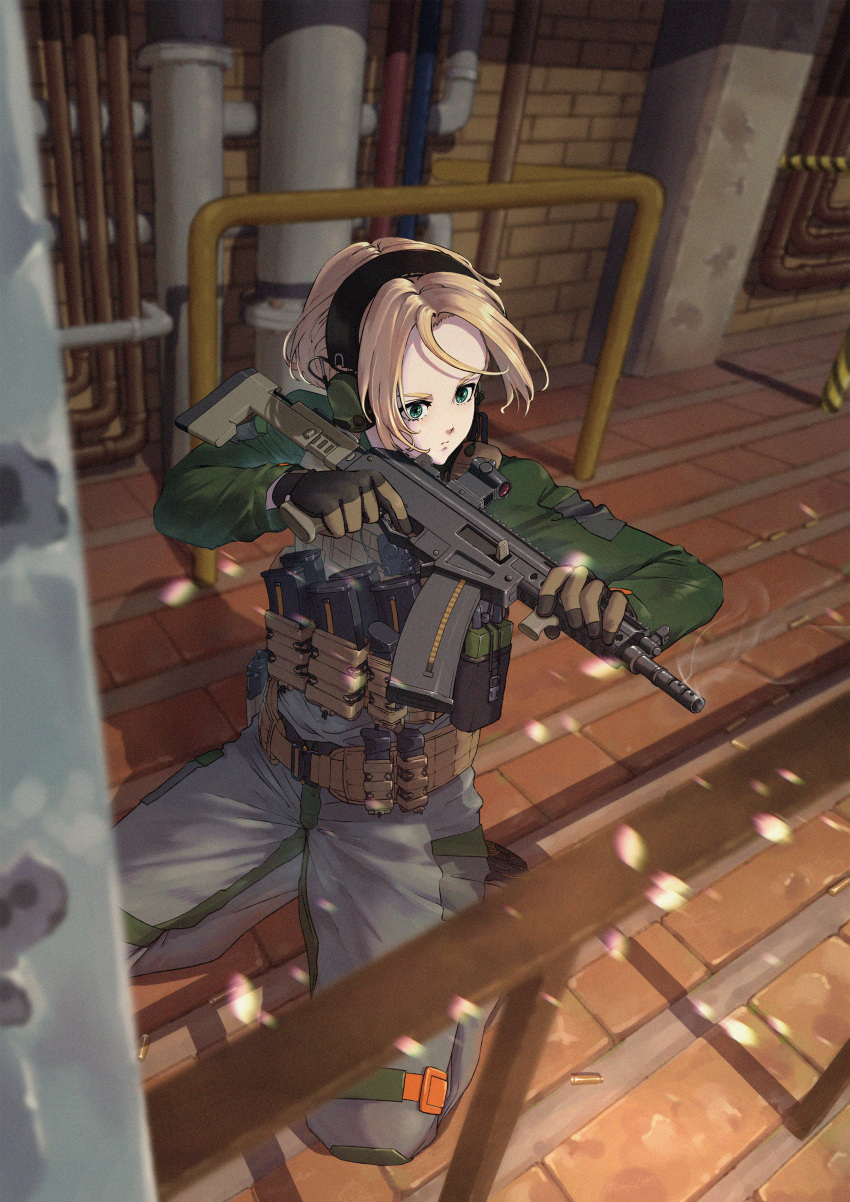 1girl absurdres assault_rifle blonde_hair c-clamp green_eyes green_jacket grey_pants gun headset highres holding holding_gun holding_weapon industrial_pipe jacket kneeling load_bearing_vest looking_afar magazine_(weapon) military original pants railing rifle ryo_362020 smoke smoking_gun solo uniform weapon