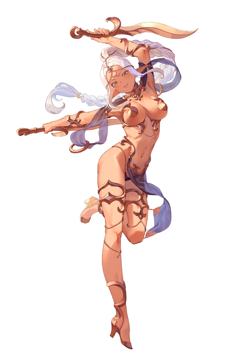 1girl arm_up armlet armpits black_panties braid braided_ponytail breasts brown_eyes cleavage closed_mouth colored_eyelashes dancing dark-skinned_female dark_elf dark_skin dual_wielding elf elf_village eyelashes floating_hair full_body groin hand_up head_tilt high_heels highres holding holding_sword holding_weapon kinta_(distortion) large_breasts leg_up long_hair looking_at_viewer medium_breasts midriff natigal navel official_art original outstretched_arm panties parted_bangs pelvic_curtain pointy_ears purple_panties revealing_clothes single_braid smile solo standing standing_on_one_leg stomach sword thighlet transparent_background underboob underwear very_long_hair weapon white_hair