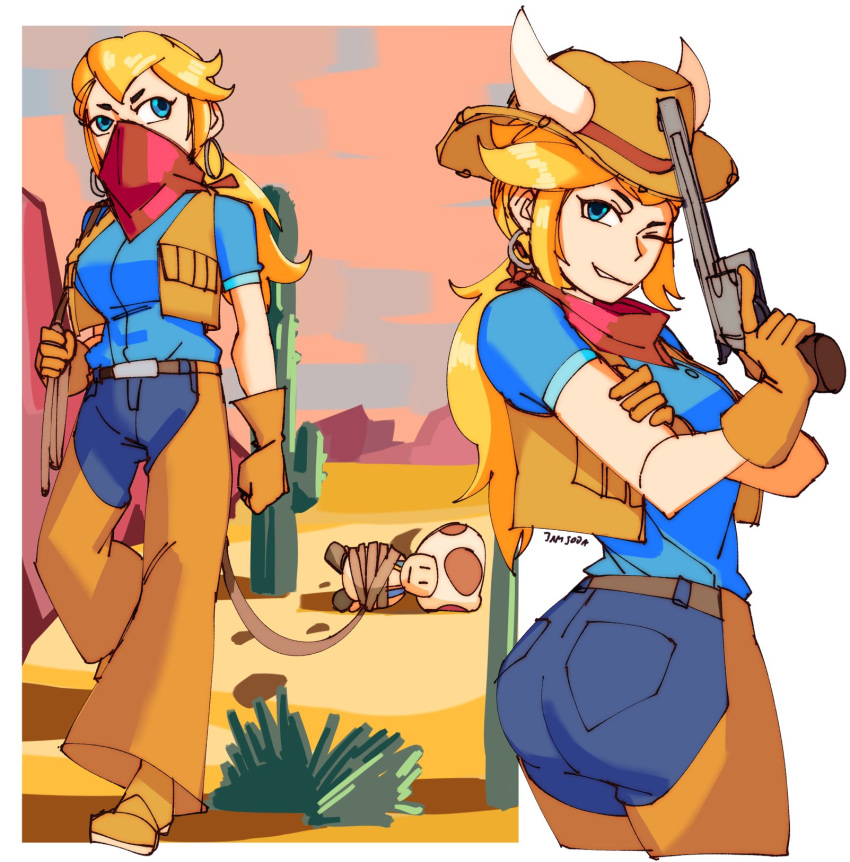 3amsoda ass bandana bandana_over_mouth bound brown_gloves cactus chaps cowboy_hat cowboy_western cowgirl_peach denim gloves gun hat highres holding holding_gun holding_weapon horns jeans lasso mario_(series) mask masked mouth_mask pants princess_peach princess_peach:_showtime! revolver toad_(mario) weapon