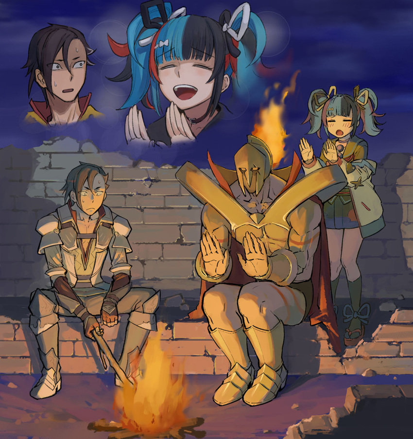 1girl 2boys armor b_suke black_hair blue_hair campfire closed_eyes fate/grand_order fate_(series) fingerless_gloves fire gloves helm helmet highres jacket leonidas_(fate) mandricardo_(fate) multicolored_hair multiple_boys muscular muscular_male nervous_sweating night pants red_hair sabaton sei_shounagon_(fate) shaded_face shadow skirt smile sweat teeth twintails upper_teeth_only worried