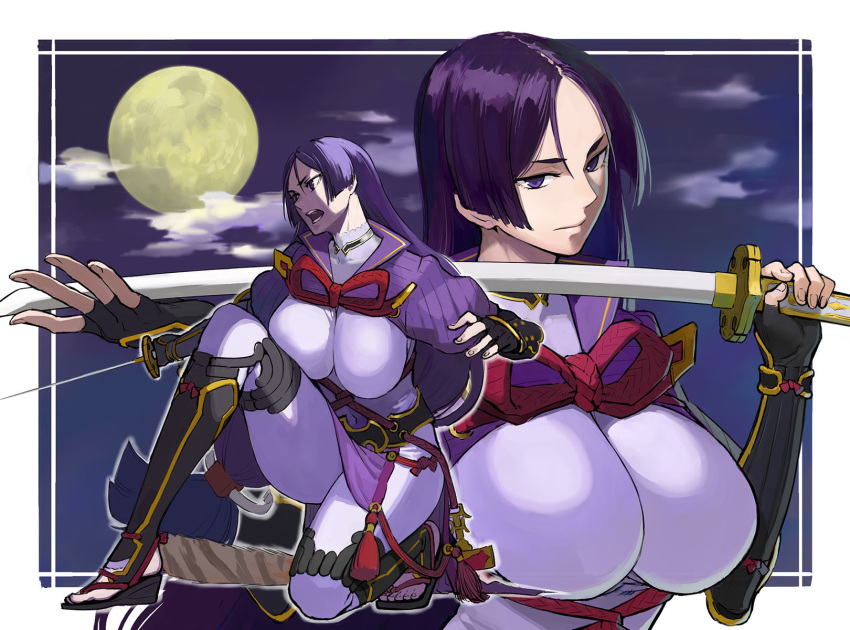 1girl b_suke black_gloves bodysuit border breasts cloud fate/grand_order fate_(series) fingerless_gloves gloves highres holding holding_sword holding_weapon katana large_breasts long_hair looking_at_viewer minamoto_no_raikou_(fate) moon multiple_views night open_mouth purple_bodysuit purple_eyes purple_hair purple_shrug sandals serious shrug_(clothing) sword tassel toeless_legwear weapon white_border