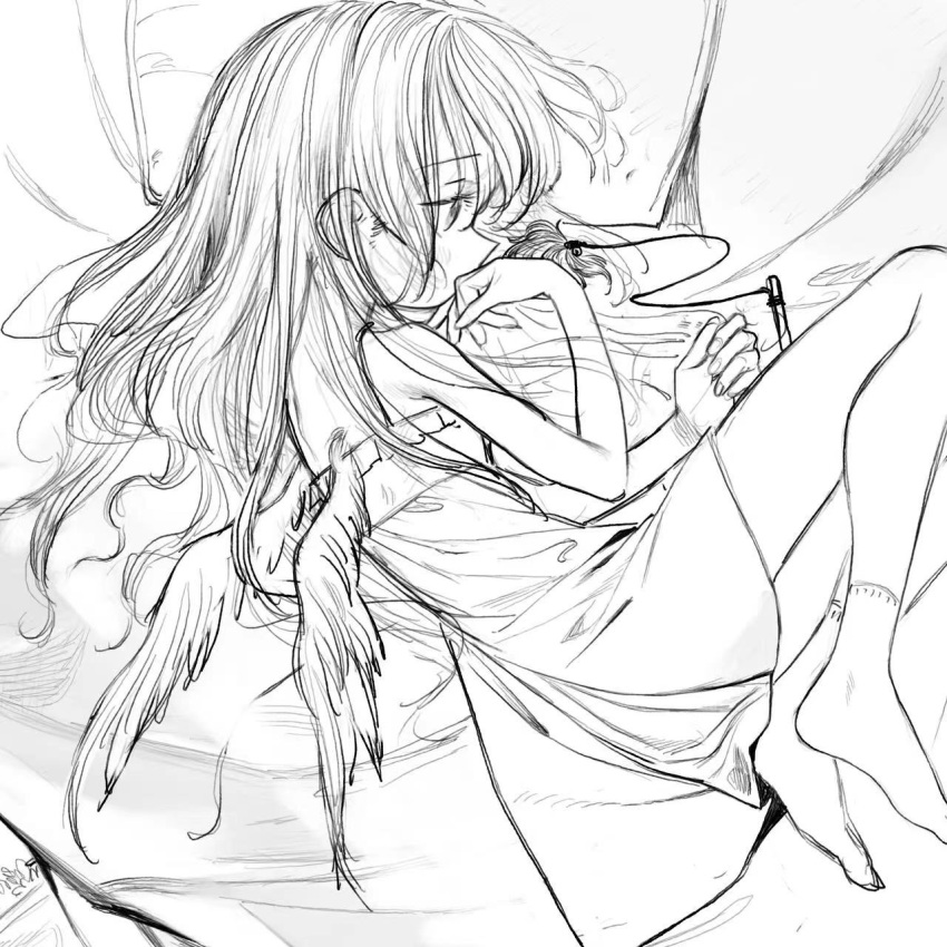1girl bare_shoulders dress feathered_wings greyscale highres kaede_(shijie_heping) long_hair lying monochrome on_side original pillow profile sketch socks solo wings