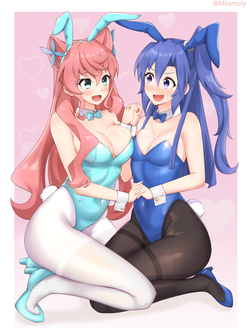 2girls absurdres animal_ears asymmetrical_docking black_pantyhose blue_bow blue_bowtie blue_eyes blue_footwear blue_hair blue_leotard blush bow bowtie breast_press breasts cleavage embarrassed eyebrows_hidden_by_hair fake_animal_ears fake_tail full_body groin hair_between_eyes high_heels highleg highleg_leotard highres holding_hands kazanari_tsubasa large_breasts leotard long_hair looking_at_another maria_cadenzavna_eve medium_breasts mitamory multiple_girls pantyhose pink_hair playboy_bunny purple_eyes rabbit_ears rabbit_tail senki_zesshou_symphogear signature simple_background sitting smile squatting stiletto_heels sweatdrop tail tiptoes very_long_hair wariza white_pantyhose white_wrist_cuffs wrist_cuffs yuri